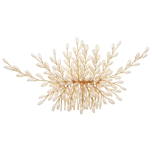 Elegant bridal hair comb with handmade gold wire weaving and white faux pearls
