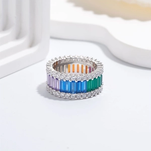 Rainbow multicolored rectangle cut gems 925 silver ring with small diamond accents