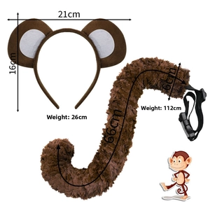 Detail view of plush monkey ear headband and tail set with specific size measurements