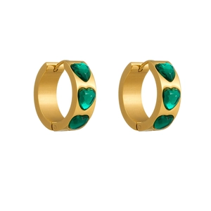 Retro gold plated wide hoop earrings with heart-shaped emerald green zircon stones