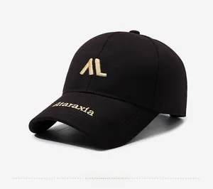 Close-up of golden AL embroidery on premium brown wool blend baseball cap side view