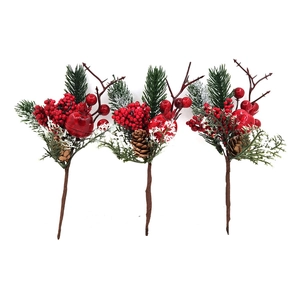 Set di 3 rami natalizi con bacche rosse, pigne e aghi verdi per decorazioni delle feste