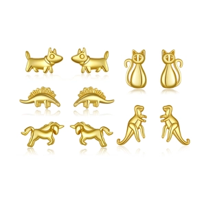 S925 sterling silver animal stud earring set featuring dog cat and dinosaur in gold finish