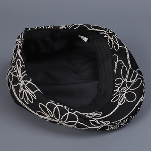 Women black beret hat featuring white floral embroidery and high-quality inner lining