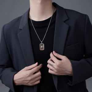 Men's hip hop necklace with black agate and star pendant on silver stainless steel chain