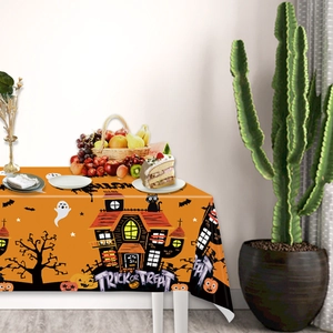 Orange Halloween PE tablecloth with ghost house and Trick or Treat scene decoration