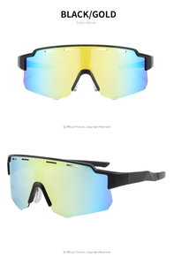 Detail of black frame sports sunglasses with golden blue gradient mirrored lenses