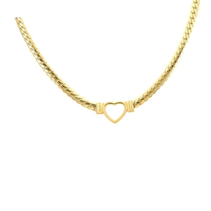 Detail of gold Cuban chain necklace with a delicate hollow heart pendant on white background