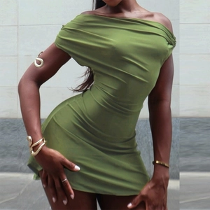 Detail view of olive green off-shoulder mini dress featuring elegant ruched texture