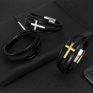 Men's multilayer braided leather bracelet set with cross charms in silver gold and black