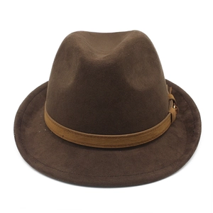 Close-up of dark brown fedora hat featuring a leather band and metal buckle detail