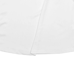 Close-up of double-needle stitching and fine fabric texture on a white lace T-shirt hem