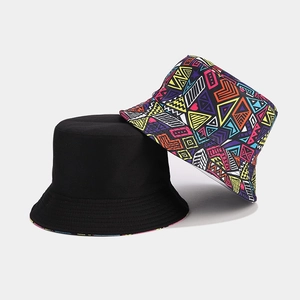 Detail of reversible bucket hat showing solid black twill and colorful geometric 3D print