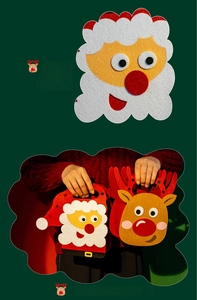 Detail of Santa Claus and Reindeer felt gift bags with thick layered 3D embroidery