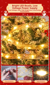 Detail of warm LED Christmas ribbon string lights with battery box and star patterns