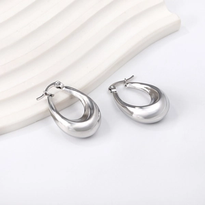 French vintage silver oval stainless steel hoop earrings with polished water drop design