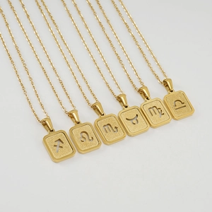 Gold stainless steel zodiac pendant necklaces with rectangular sandblasted constellation charms