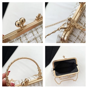 Detailed views of white tweed shell bag showing gold kiss lock and metal handle textures