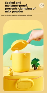 Close-up of duck-shaped milk powder container featuring a secure moisture-proof seal buckle