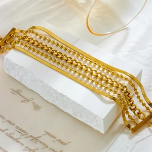 Multilayer gold stainless steel chain bracelet with snake and tank chain design