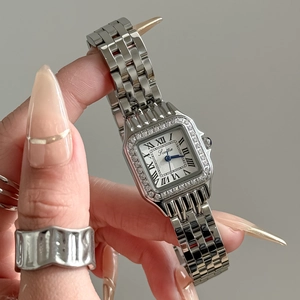 Women's square silver watch with diamond bezel and classic Roman numeral dial