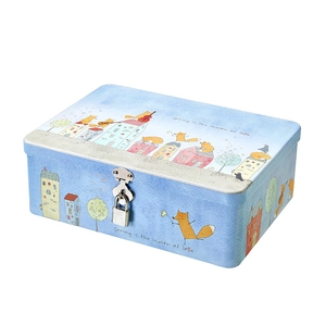 Blue rectangular tin storage box with fox spring illustration and metal padlock