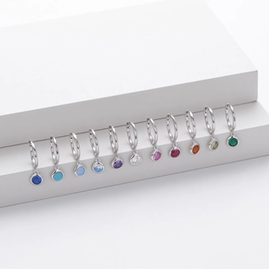 S925 Sterling Silver Birthstone Earrings with Twelve Colors of Round Gemstone Drops