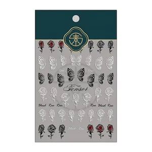 Autocollants nail art 5D gaufrés avec motifs de rose de sang et papillons pour manucure