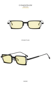 Close-up of retro square metal sunglasses with hollow frame design and yellow lenses