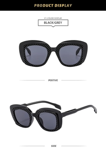 Detailed views of luxury streetwear sunglasses showing black frames and grey lenses in high detail