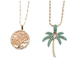 Close-up of gold-plated life tree and coconut tree pendants with micro-pave zircons