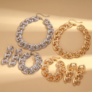Minimalist thick chain link jewelry set including necklace and bracelet in gold and silver