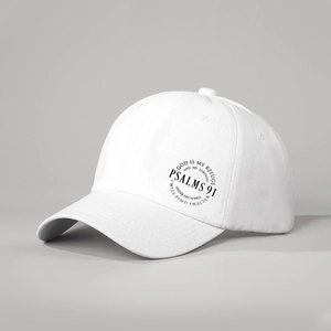 Close-up of PSALM 91 religious print on a white premium cotton six-panel baseball cap