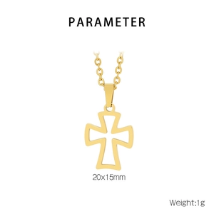 Detailed parameter diagram of golden hollow cross pendant showing 20x15mm size and 1g weight