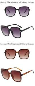 Detail view of square oversized sunglasses in black and tortoiseshell with gradient lenses