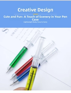 Detail of creative syringe shaped pens with liquid filling and measurement scales
