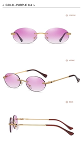 Detailed views of gold rimless sunglasses with purple gradient lenses and punk oval frame