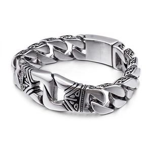 Men Chain Bracelet Vintage Carved Tribal Pattern 316L Stainless Steel Punk Biker Style Retro Silver Color Heavy