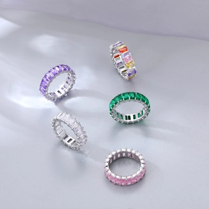 Elegant silver eternity rings set with colorful baguette-cut cubic zirconia stones