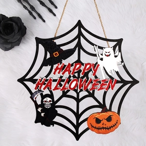 Halloween wooden spider web door sign with ghost and pumpkin for home party decor