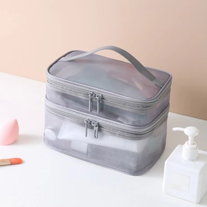 Portable double-layer grey mesh toiletry bag with handle and dual zippers for travel