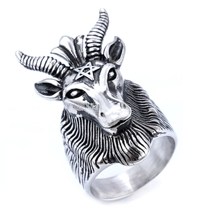 Vintage stainless steel Baphomet goat head ring with pentagram in antique silver finish