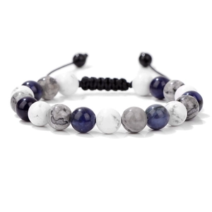 Natural 10mm stone bead bracelet set with adjustable black braided rope for men and women