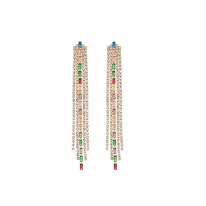Elegant long tassel earrings with multicolored cubic zirconia in a gold setting
