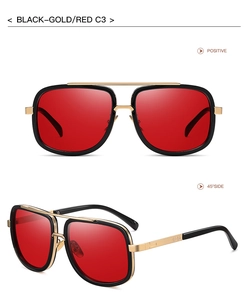 Front and side view of large square metal sunglasses with black gold frames and red lenses