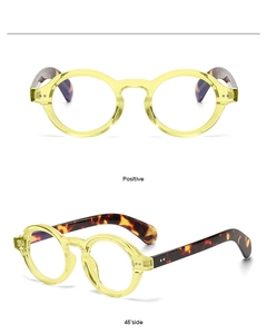 Detail view of round glasses with transparent yellow frame and tortoiseshell temples