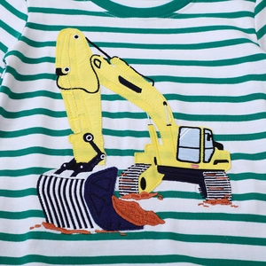 Boys long sleeve t-shirt with green stripes and embroidered excavator patch on chest