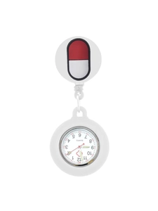 Dettaglio dell'orologio da infermiera in silicone bianco con clip a forma di capsula
