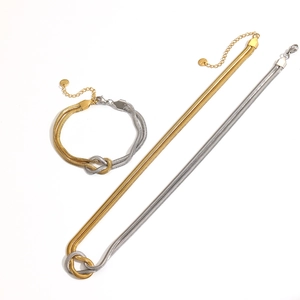 Two-tone silver and 18k gold knot necklace and bracelet set in stainless steel