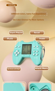 Mini mint green Tetris game console keychain with LCD screen and silver chain